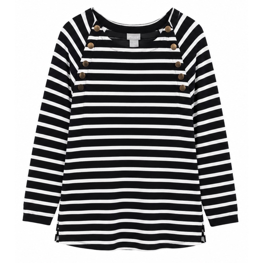 Chico's Striped Button Shoulder Long Sleeve Top Navy White Size 3 XL Nautical